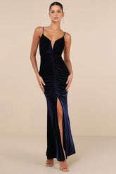 Stunning Invitation Navy Velvet Ruched Sleeveless Maxi Dress