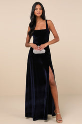 Graceful Invite Navy Blue Velvet Square Neck Lace-Up Maxi Dress