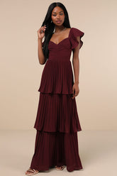 Notorious Charm Plum Purple Pleated Flutter Sleeve Maxi Dress