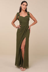 Gorgeous Whimsy Olive Pleated Off-the-Shoulder Maxi Dress