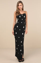 Completely Regal Black Rhinestone Sleeveless Column Maxi Dress