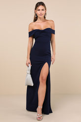 Elegant Perception Navy Blue Off-the-Shoulder Bow Maxi Dress