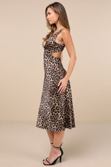 Unmatched Elegance Tan Leopard Satin Sleeveless Midi Dress