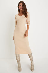 Everyday Beauty Beige Long Sleeve Ribbed Knit Sweater Dress