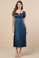 Flawless Forever Teal Satin Pleated Midi Dress