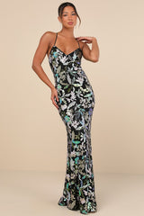 Glittering Icon Black Iridescent Sequin Lace-Up Maxi Dress
