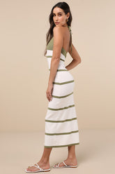 Friendly Cutie Olive and Ivory Striped Knit Halter Midi Dress