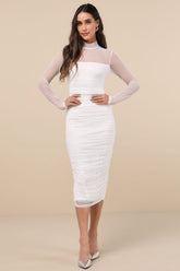 Impressive Flirt White Mesh Ruched Mock Neck Midi Dress