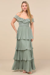 Always Remarkable Sage Brush Pleated Off-the-Shoulder Maxi Dress