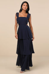 Elegant Event Navy Ruffled Tie-Back Tiered Maxi Dress