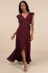 Ravishing Charm Burgundy Ruffled Wrap High-Low Maxi Dress
