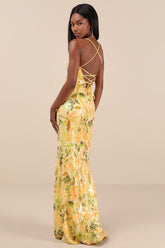 Glittering Icon Yellow Iridescent Sequin Lace-Up Maxi Dress