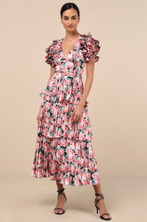 Stunning Desire Pink Floral Satin Pleated Tiered Midi Dress