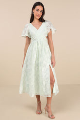Hilly Light Mint Floral Jacquard Lace-Up Midi Dress
