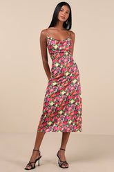 Favorite Icon Black Multi Floral Satin Cowl Neck Slip Midi Dress