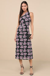 Outstanding Mood Black Floral Slinky Knit One-Shoulder Dress