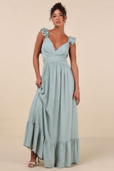 Soiree Celebration Light Blue Floral Ruffled Lace-Up Maxi Dress
