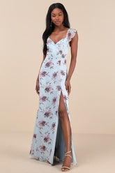 Sweetest Entrance Light Blue Floral Ruffled Tie-Back Maxi Dress