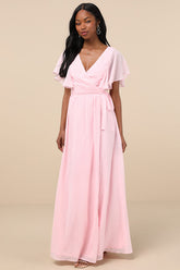 Convincing Grace Light Blush Flutter Sleeve Wrap Maxi Dress