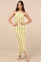 Hedia Yellow Striped Crochet Halter Fringe Midi Dress