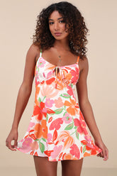 Nikayla Ivory and Orange Floral Print Sleeveless Mini Dress