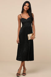 Regal Romance Black Floral Jacquard Pleated Satin Midi Dress
