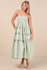 Beautiful Sentiments Sage Floral Strapless Tiered Midi Dress