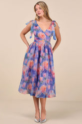 Flowering Day Dream Purple Floral Organza Midi Bubble Dress