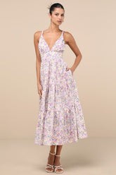 Brightly Blossoming Pink Multi Floral Tiered Midi Dress