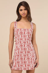 Pollie Rust and Cream Print Beaded Linen Sleeveless Mini Dress
