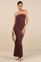 Koko Brown Ribbed Knit Strapless Maxi Dress