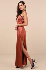 Mairwen Rust and Black Satin Lace Halter Maxi Dress