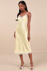 Raenne Light Yellow Crinkle Satin Lace Midi Slip Dress