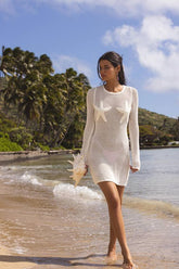 Arizbeth Ivory Crochet Starfish Long Sleeve Swim Cover-Up
