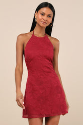 Letitia Dark Red Embroidered Halter Mini Dress