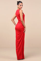 Enticing Darling Red Asymmetrical Ruched Maxi Dress