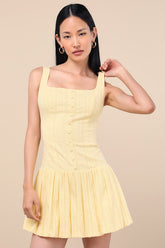 Khamari Yellow Textured Drop Waist Bubble-Hem Mini Dress