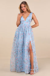Garden Romance Light Blue Floral Print Organza Maxi Dress