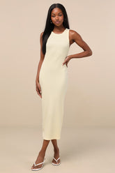 Majorly Trendy Light Yellow Ribbed Bodycon Midi Dress