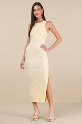 Lavina Light Yellow Jersey Knit Bodycon Midi Dress