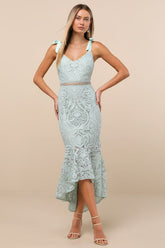 Won Your Heart Sage Green Lace Tie-Strap High-Low Midi Dress