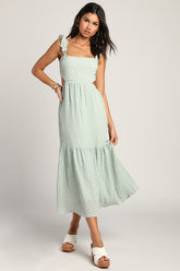 Dreamiest Darling Mint Smocked Tie-Back Tiered Midi Dress