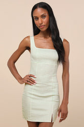 Happy Chance Sage Green Gingham Square Neck Mini Dress