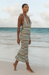 Majesty Turquoise and Brown Crochet Halter Midi Dress