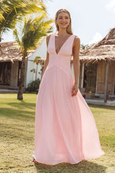 Kelina Light Pink Pleated Drop Waist Maxi Dress