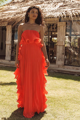 Andri Bright Orange Pleated Ruffled Maxi Dress