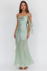 Gilded Dream Shoulder Detail Chiffon Hem Maxi Dress Sage