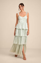 Stunning Glory Sage Green Floral Jacquard Tiered Maxi Dress