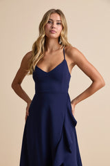 Caryl Dark Navy Ruffled Tulip High-Low Maxi Dress