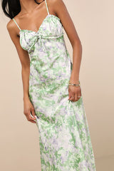 Valentina Green Multi Abstract Satin Ruffled Maxi Dress